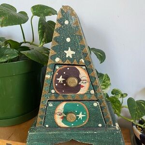 Vintage Hand-Painted Moon & Star Wooden Trinket Chest
